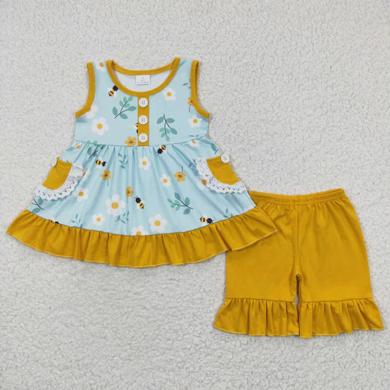 Sibling Baby Girls Sleeveless Bows Lemons Pockets Button Tunic Ruffle Shorts Outfit