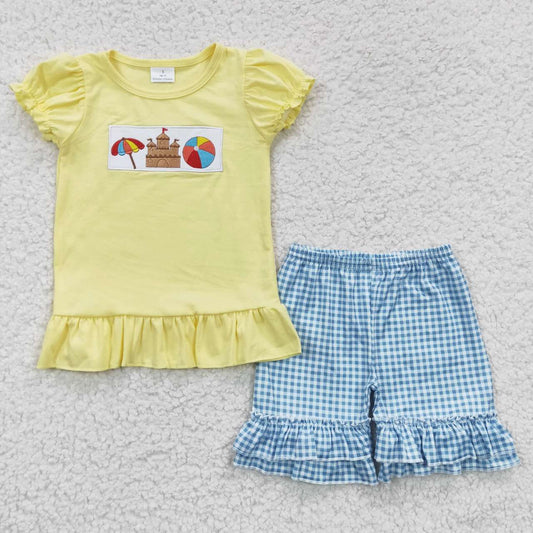Sibling Umbrella Beach Embroidery Yellow Boys Baby Girls Summer shorts sets