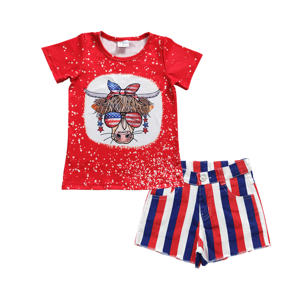 GSSO0330 Patriotic Cow Graphic Tee & Stripe Shorts Set - Girls