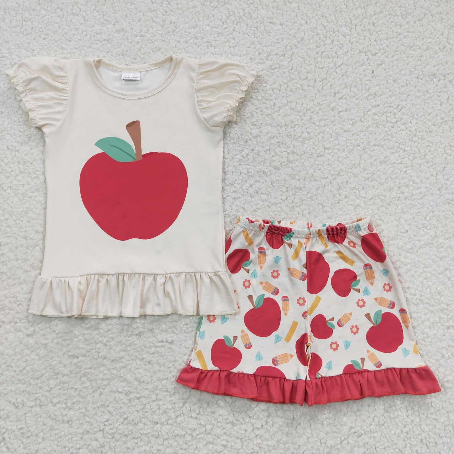 GSSO0359 Apple Top Pen Flowers Shorts Girls Back to School Clothes Set