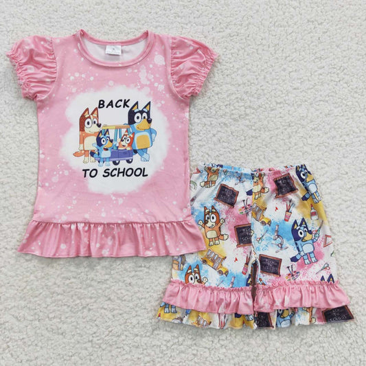 GSSO0360 Cartoon Dog Pink Top Tie-dye Ruffle Shorts Girls Back to School Clothes Set