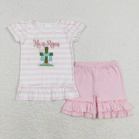 GSSO0382 He is Risen Cross Embroidery Stripes Top Pink Shorts Girls Easter Clothes Set