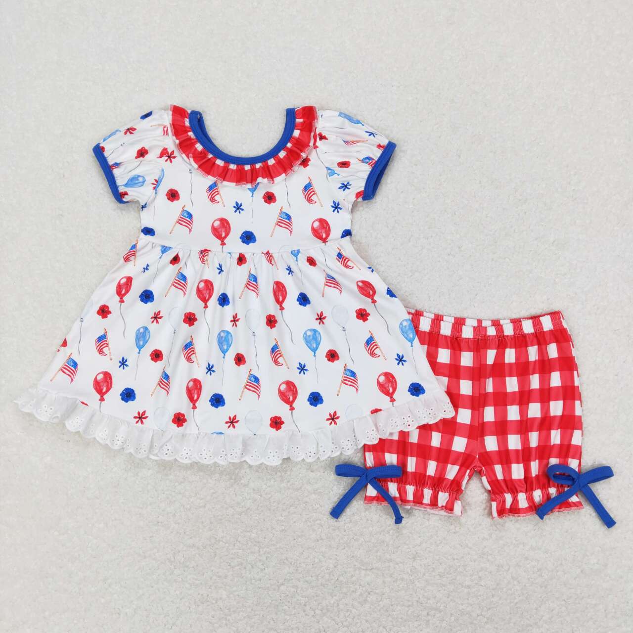 GSD0430 Balloon Flag Flowers Tunic Top Plaid Shorts Girls 4th of July Clothes Set