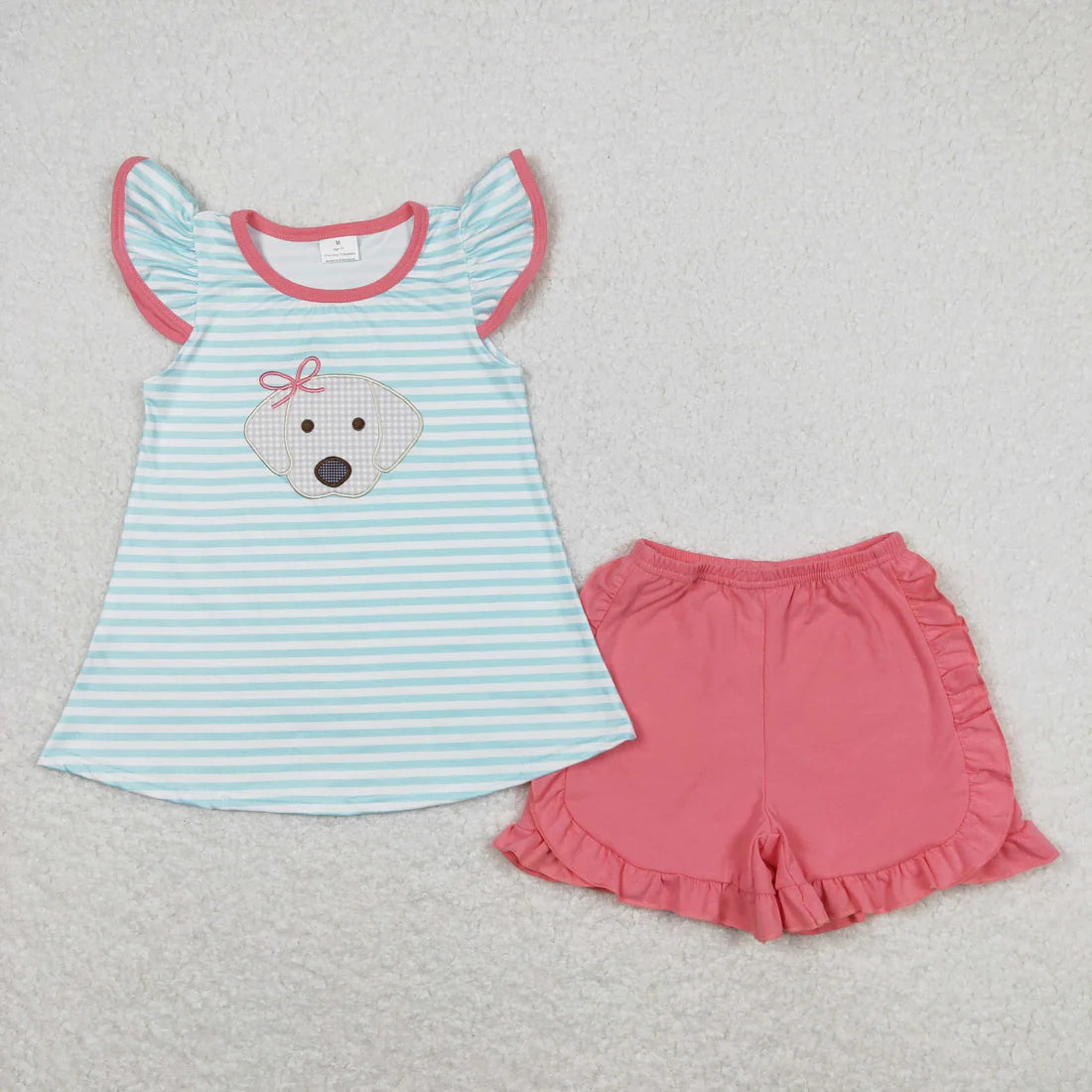 Sibling Baby Girls Stripes Bows Dog Tunic Top Ruffle Shorts Clothes Sets）