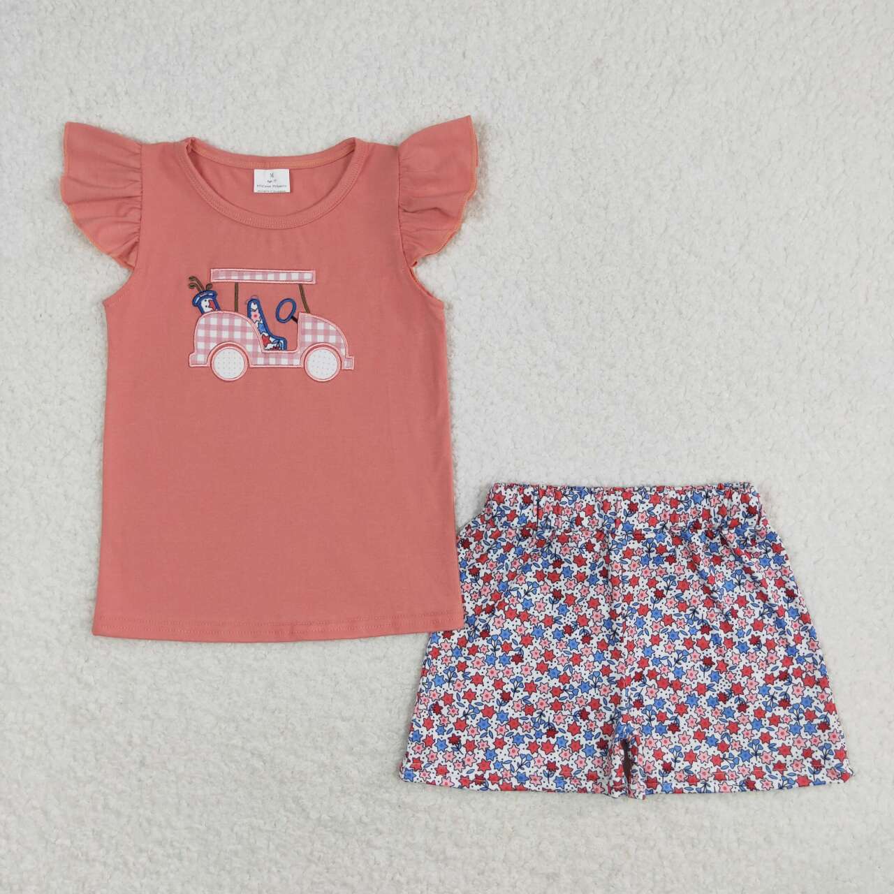 Summer Sibling Toddler Girls Embroidery Golf Car Shorts Outfit