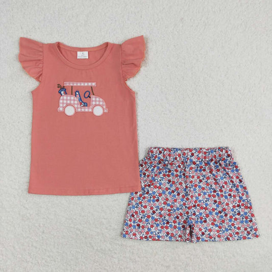 Summer Sibling Toddler Girls Embroidery Golf Car Shorts Outfit