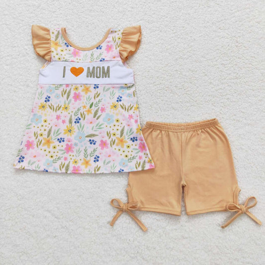 Embroidery I Love Mom Sibling Shorts Set Dreess and Romper