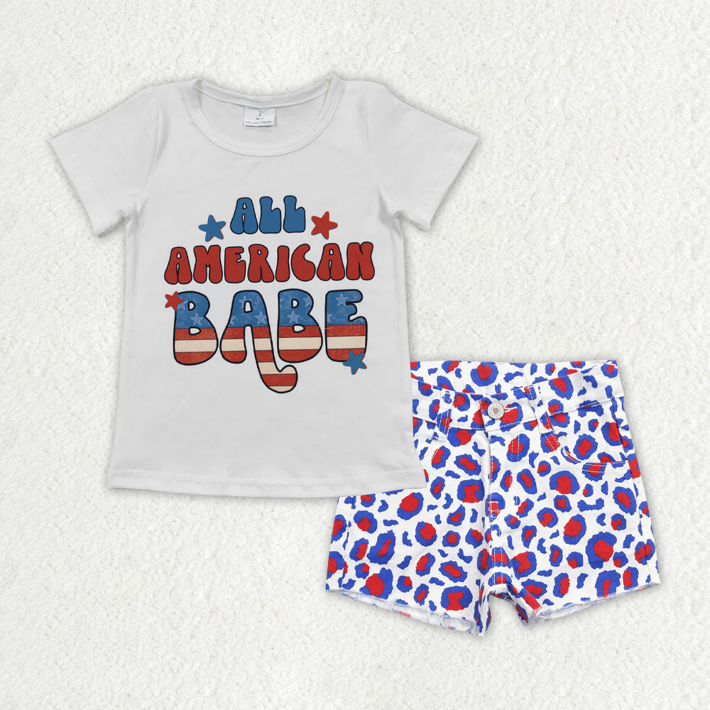 GSSO0758 ALL AMERICAN BABE Top & Leopard Denim Shorts Girls 4th of July Outfits