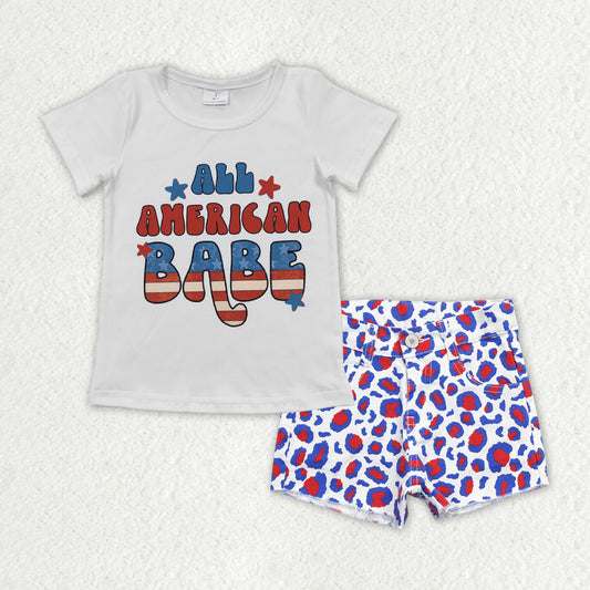 GSSO0758 ALL AMERICAN BABE Top & Leopard Denim Shorts Girls 4th of July Outfits