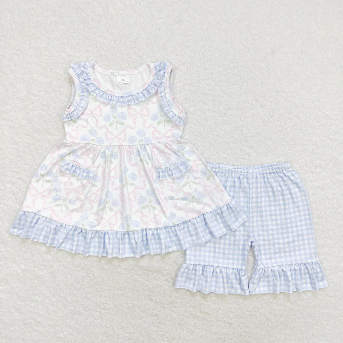 Sibling Baby Girls Sleeveless Floral Bows Pockets Tunic Ruffle Shorts Set