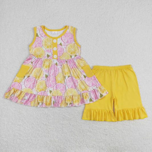 Sibling Baby Girls Sleeveless Bows Lemons Pockets Button Tunic Ruffle Shorts Outfit