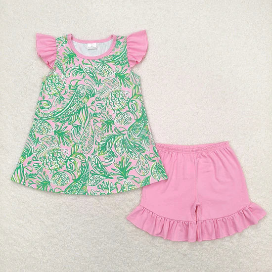 Sibling Baby Girls Sea Flowers Tunic Ruffle Shorts Outfits