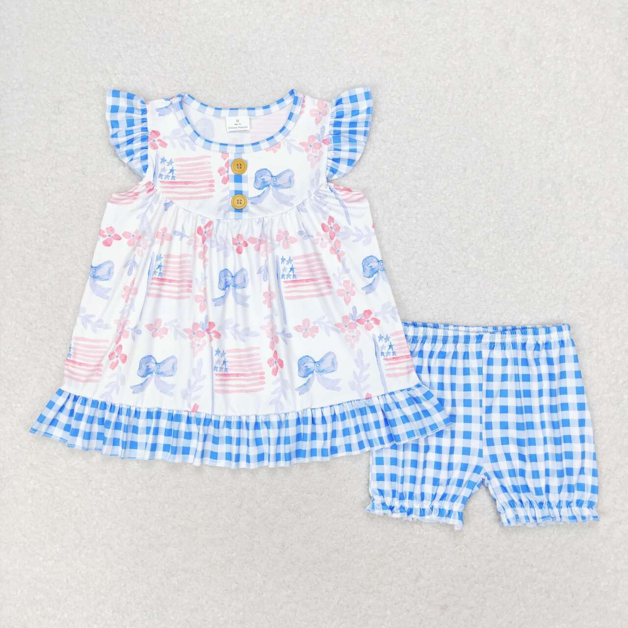 GSSO1139 Flag Bows Flowers Top Plaid Shorts Baby Girls 4th of July Clothes Sets