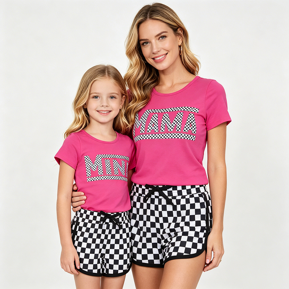 Vinyl Pink Top Plaid Shorts Clothes Set Mommy and Me Family Matching Wear
