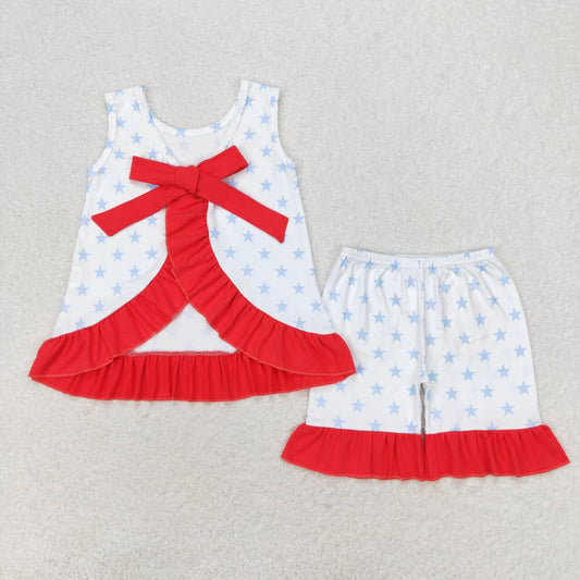 GSSO1217 Blue Stars Backless Top Ruffle Shorts Baby Girls 4th of July Clothes Sets