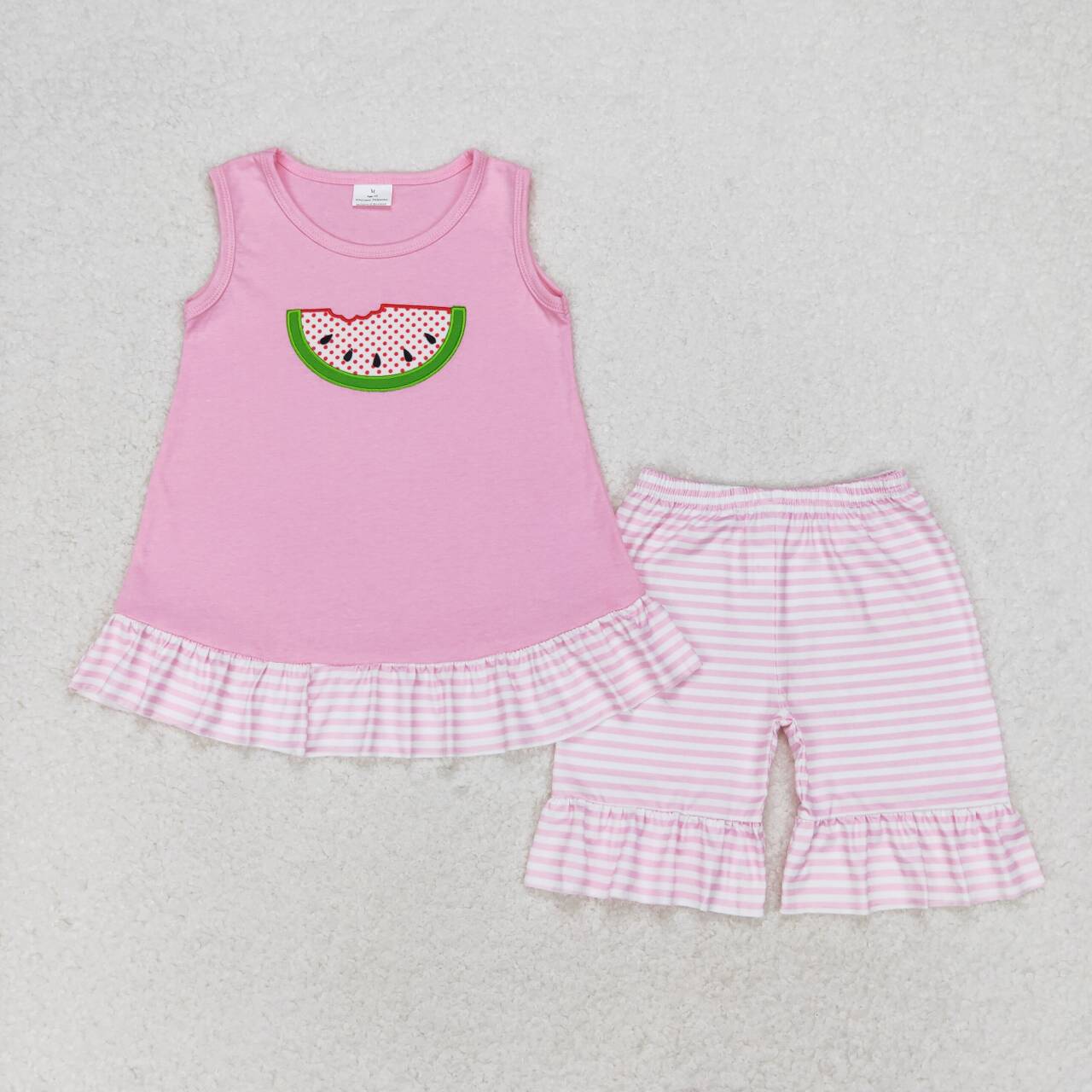 GSSO1239  Watermelon Embroidery Sleeveless Top Pink Stripes Shorts Girls Summer Clothes Set