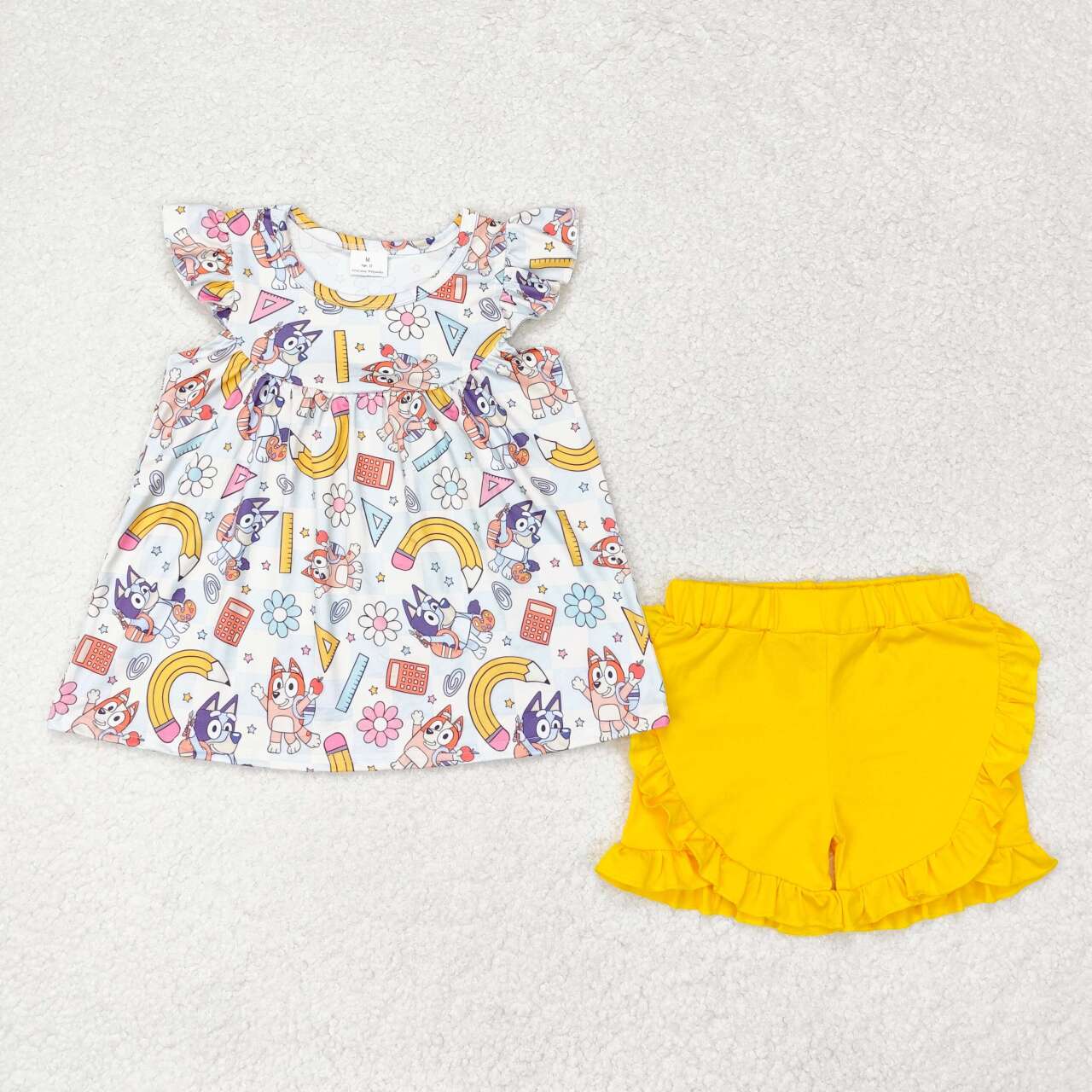 GSSO1246 Cartoon Dog Pen Flowers Rule Top Yellow Shorts Girls Back to School Clothes Set