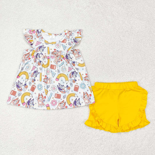 GSSO1246 Cartoon Dog Pen Flowers Rule Top Yellow Shorts Girls Back to School Clothes Set