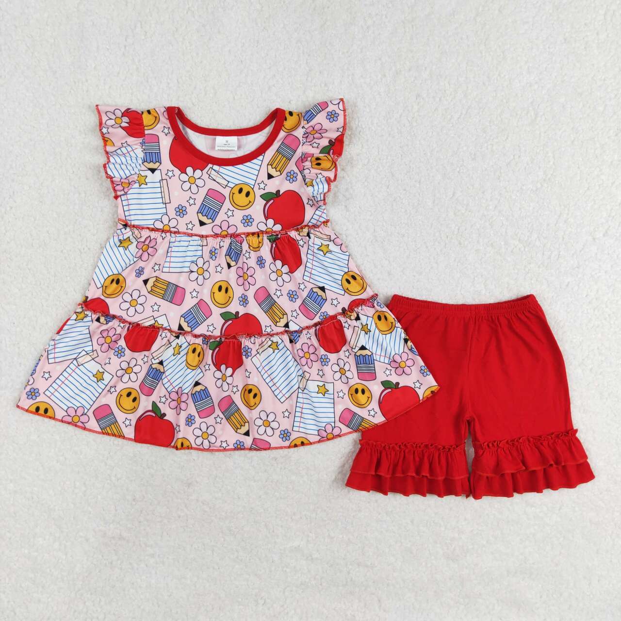 GSSO1268 Pen Smiling Flowers Top Red Shorts Girls Back to School Clothes Set