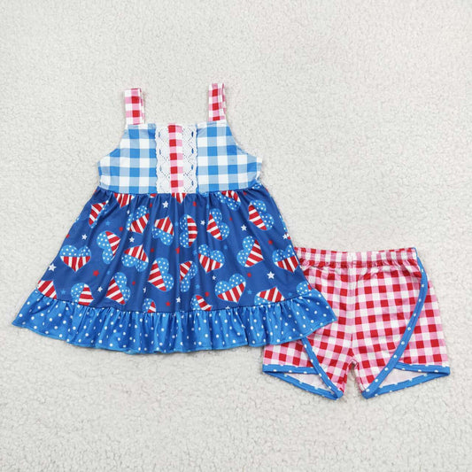 GSSO1294 Heart Stars Strap Tunic Top Plaid Shorts Baby Girls 4th of July Clothes Sets