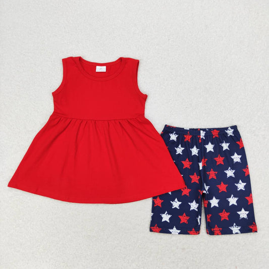 GSSO1302 Red Sleeveless Tunic Top Stars Shorts Baby Girls 4th of July Clothes Sets
