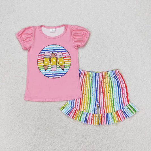 GSSO1366 Pen Pink Top Colorful Stripes Shorts Girls Back to School Clothes Set