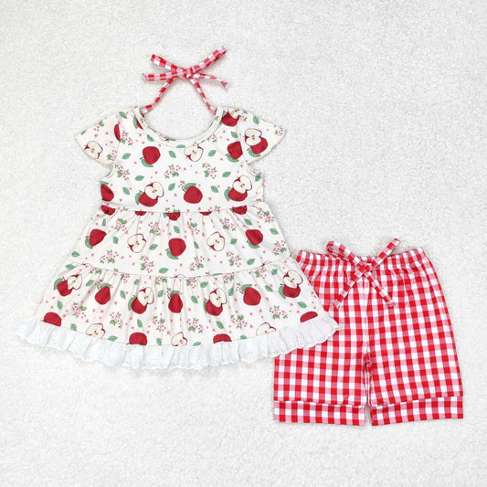 GSSO1416 Apple Flowers Tunic Top Plaid Shorts Girls Back to School Clothes Set