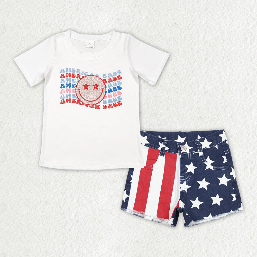 GSSO1439 American Babe Top & Stars Stripes Denim Shorts Girls 4th of July Outfits