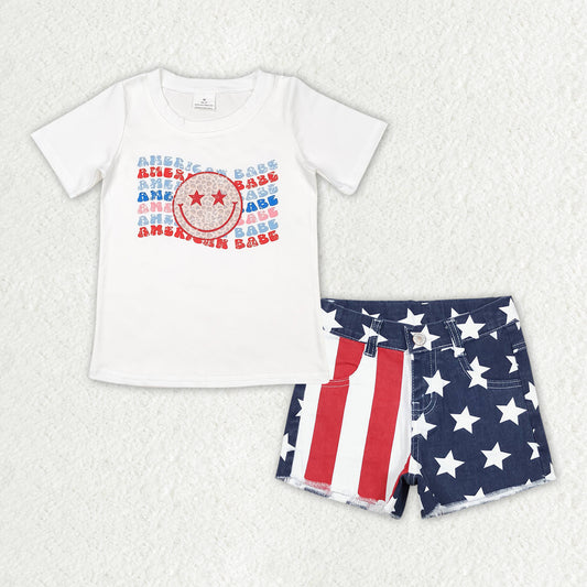 GSSO1439 American Babe Top & Stars Stripes Denim Shorts Girls 4th of July Outfits