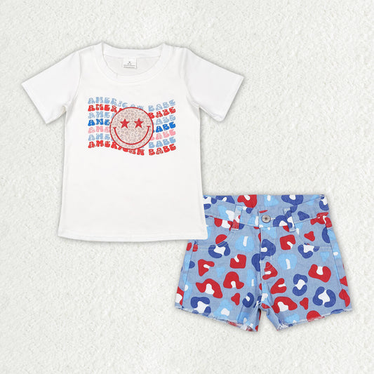 GSSO1441 American Babe Top & Leopard Denim Shorts Girls 4th of July Outfits