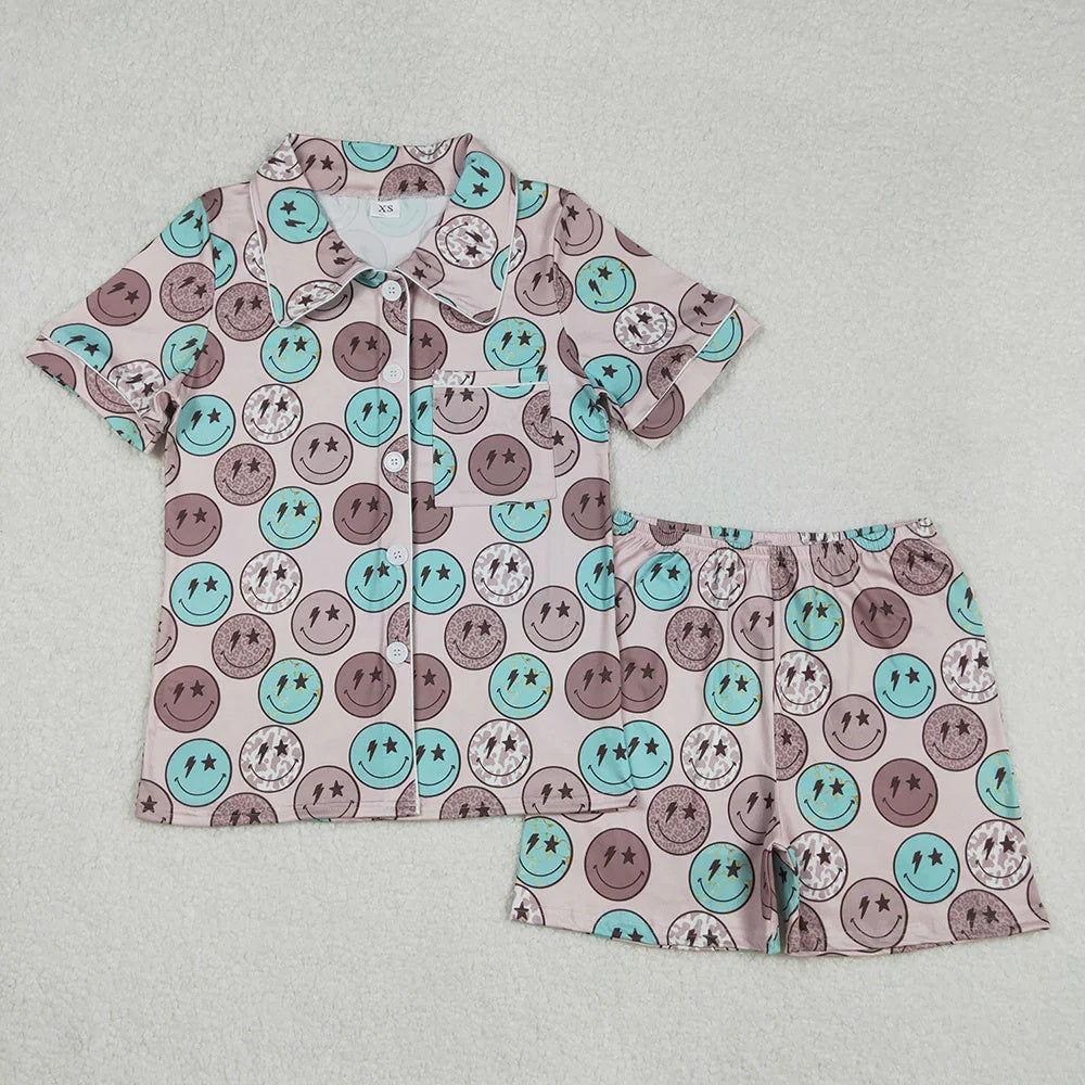 Mommy & Me Smiley Face Print Button-Up Pajama Set
