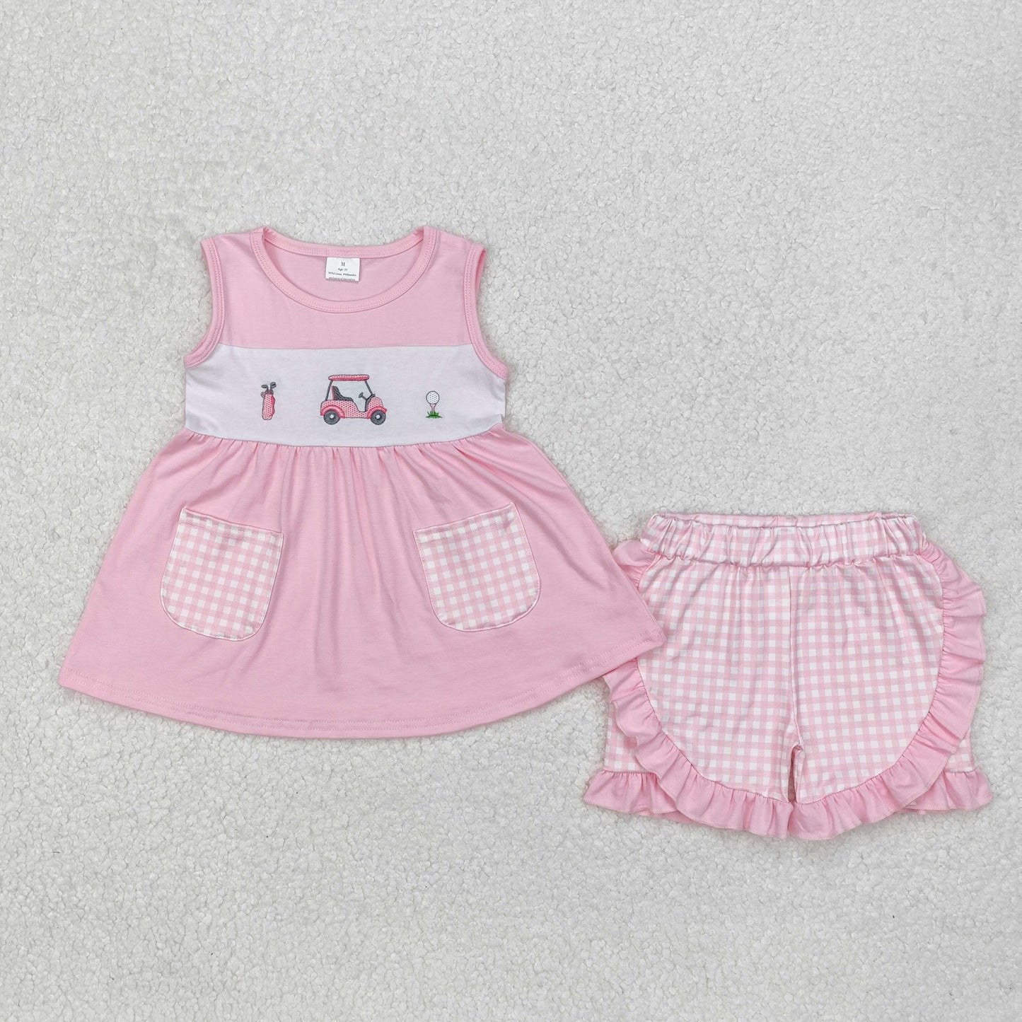 Summer Sibling Toddler Girls Embroidery Golf Car Shorts Outfit