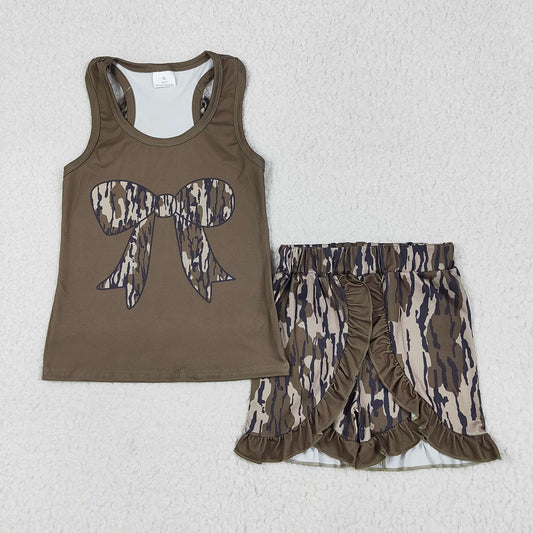 GSSO1627  Camo Bow Vest Top Ruffle Shorts Girls Summer Clothes Set