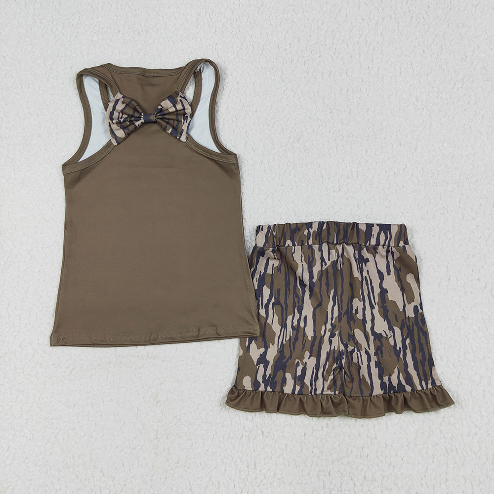 GSSO1627  Camo Bow Vest Top Ruffle Shorts Girls Summer Clothes Set