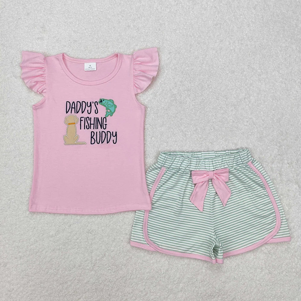 Sibling Boys Baby Girls Daddy's Fishing Buddy Embroidery Tops Shorts Clothes Suits