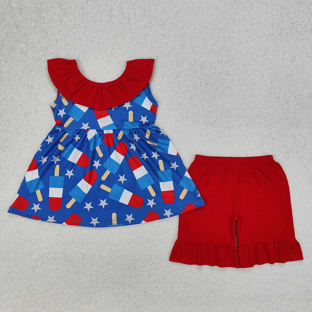 GSSO1765 Popsicle Stars Tunic Top Red Shorts Baby Girls 4th of July Clothes Set