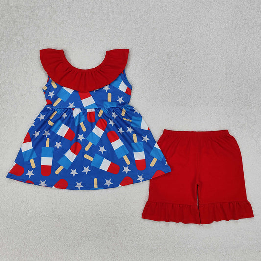 GSSO1765 Popsicle Stars Tunic Top Red Shorts Baby Girls 4th of July Clothes Set