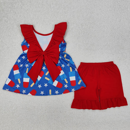 GSSO1765 Popsicle Stars Tunic Top Red Shorts Baby Girls 4th of July Clothes Set