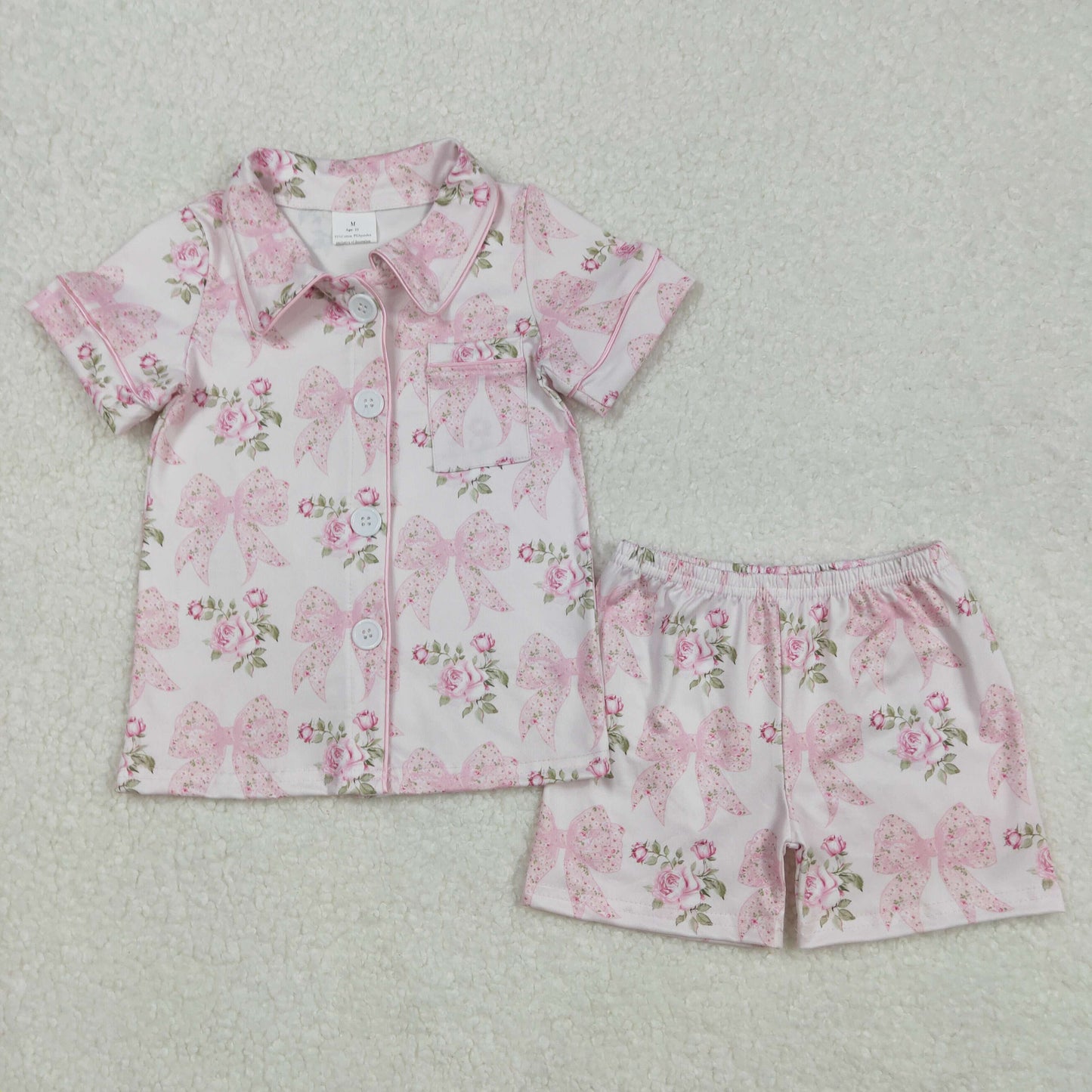 Mama and Me Colorful Bows Pocket Button Top Shorts Pajamas Sets