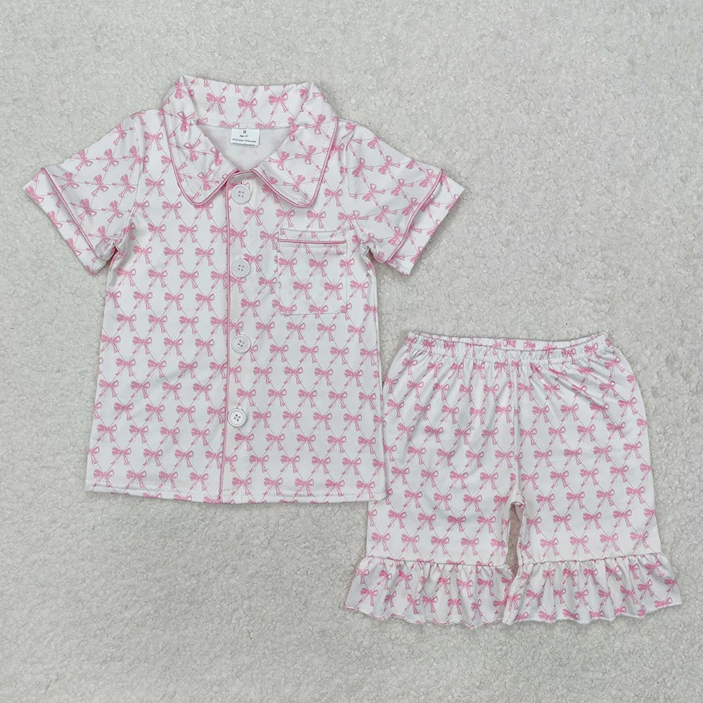 Sibling Baby Girls Colorful Bows Buttons Shirt Shorts Pajamas Outfit