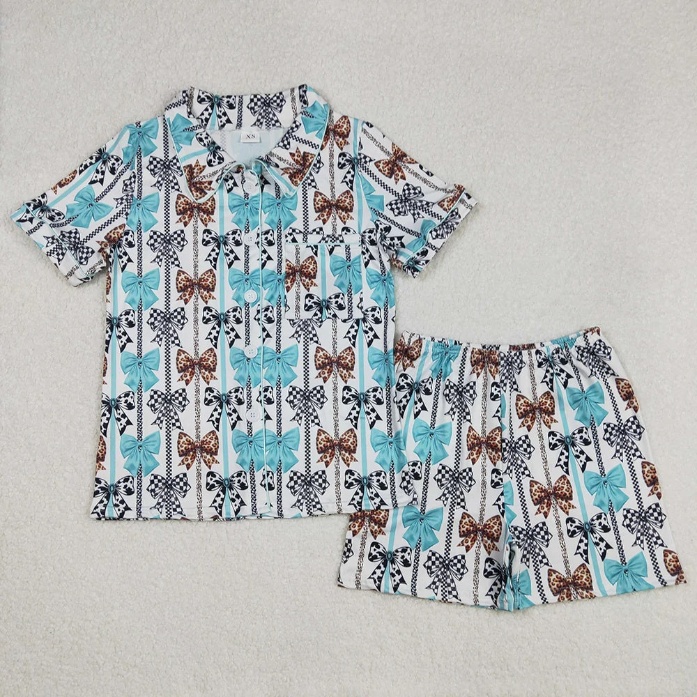 Mommy & Me Bow Print Button-Up Pajama Set – Turquoise Mix