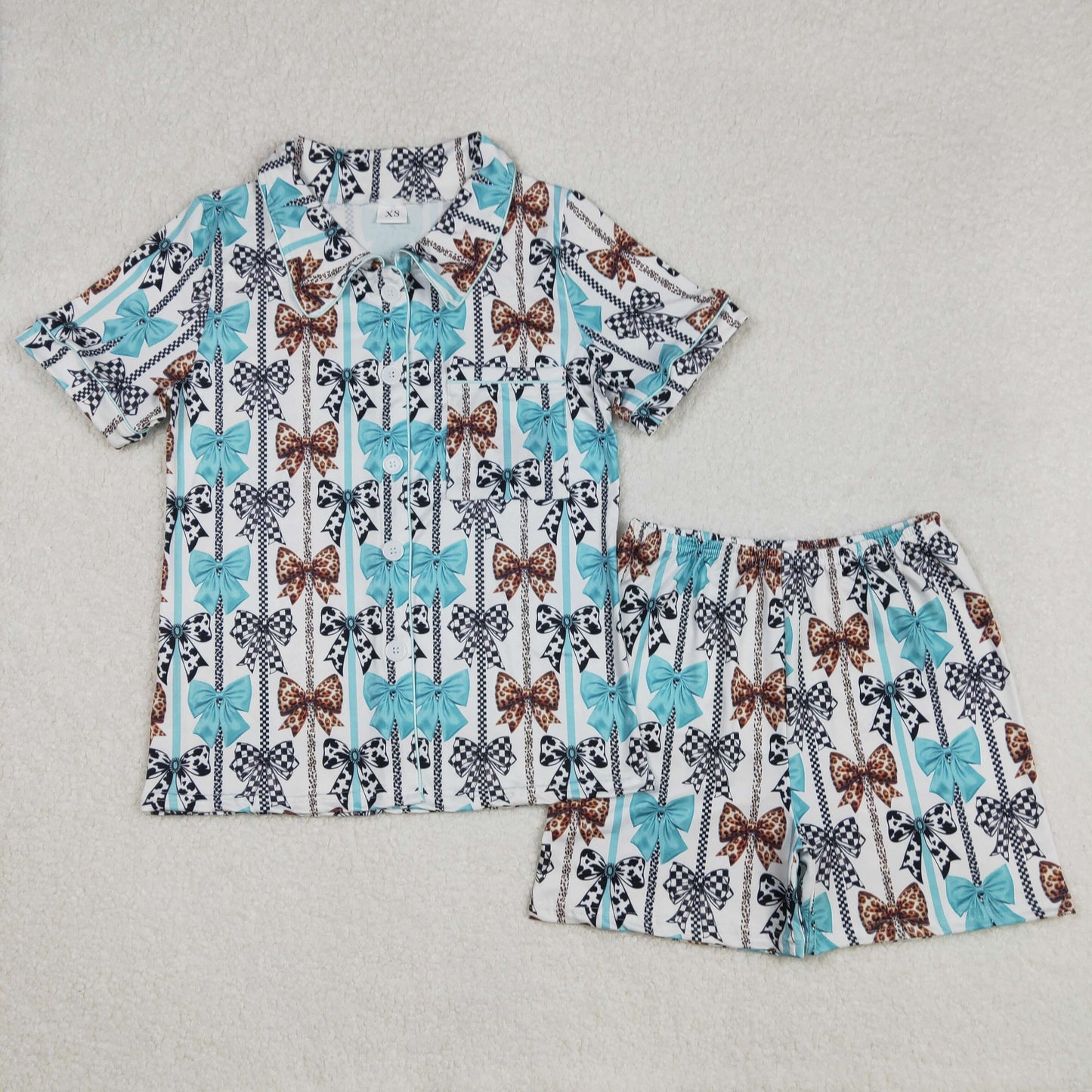 Mama and Me Colorful Bows Pocket Button Top Shorts Pajamas Sets