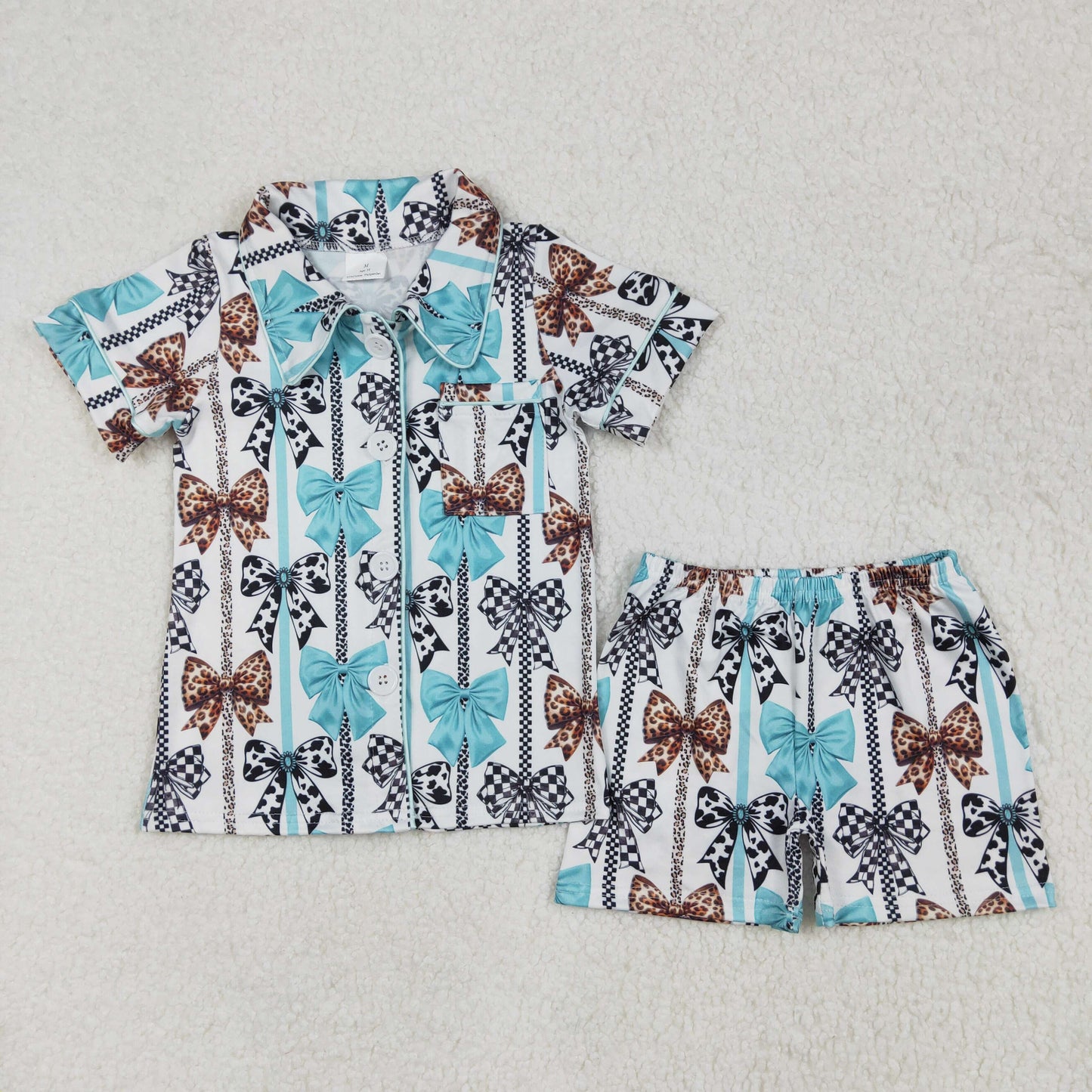 Mama and Me Colorful Bows Pocket Button Top Shorts Pajamas Sets