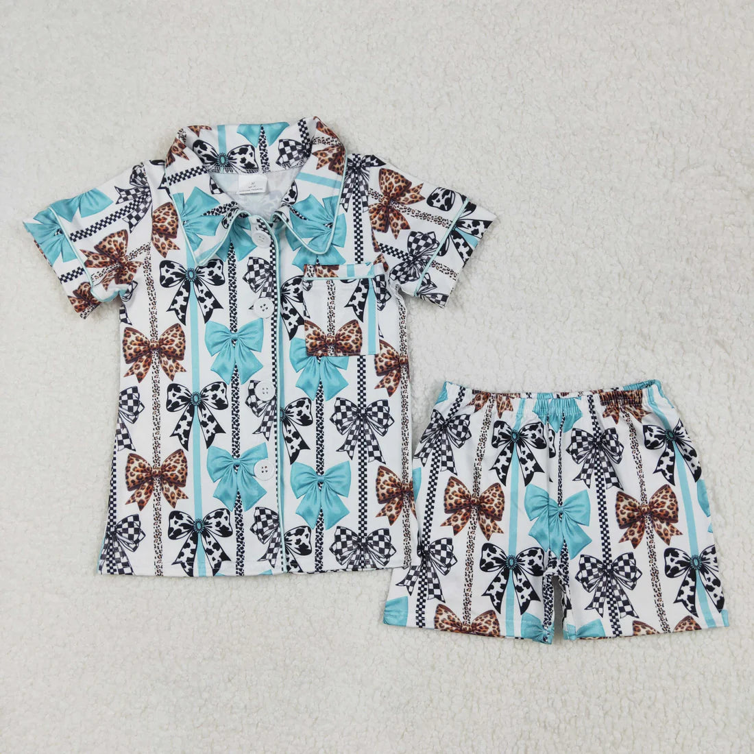 Sibling Baby Girls Colorful Bows Buttons Shirt Shorts Pajamas Outfit