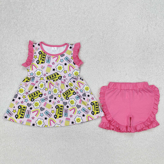 GSSO1912 Smiling Flowers Pen Tunic Top Pink Ruffle Shorts Girls Back to School Clothes Set