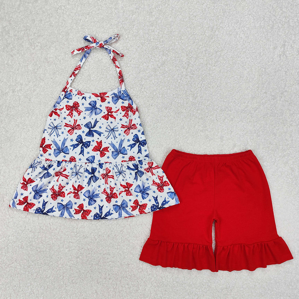 GSSO1928 Bows Stars Halter Tunic Top Red Shorts Baby Girls 4th of July Clothes Set