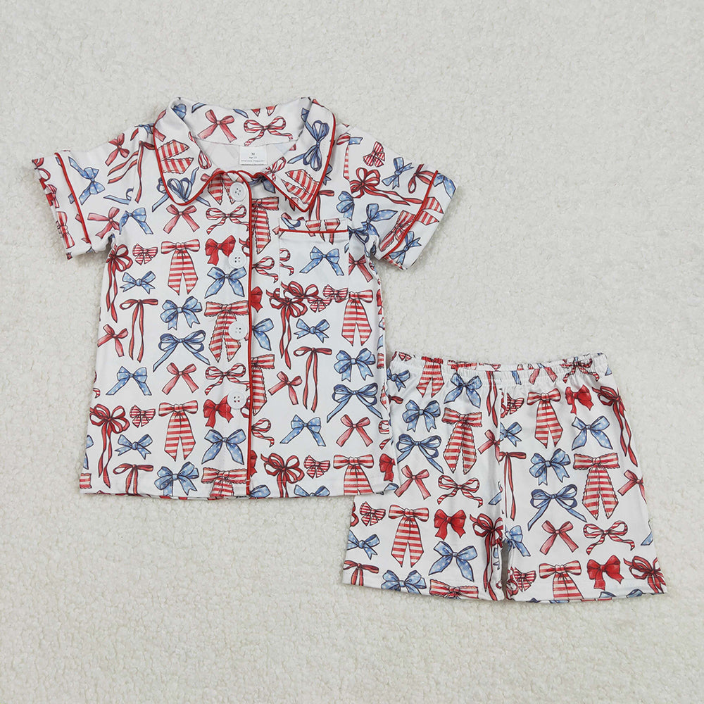 GSSO1966 Bows Pocket Top Shorts Baby Girls 4th of July Button Pajamas Clothes Sets