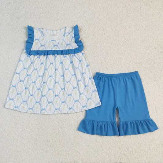 Sibling Baby Girls Bows Flowers Tunic Ruffle Shorts Sets