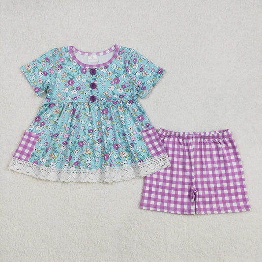 Baby Girls Blue Flowers Pockets Tunic Shorts Clothes Sets