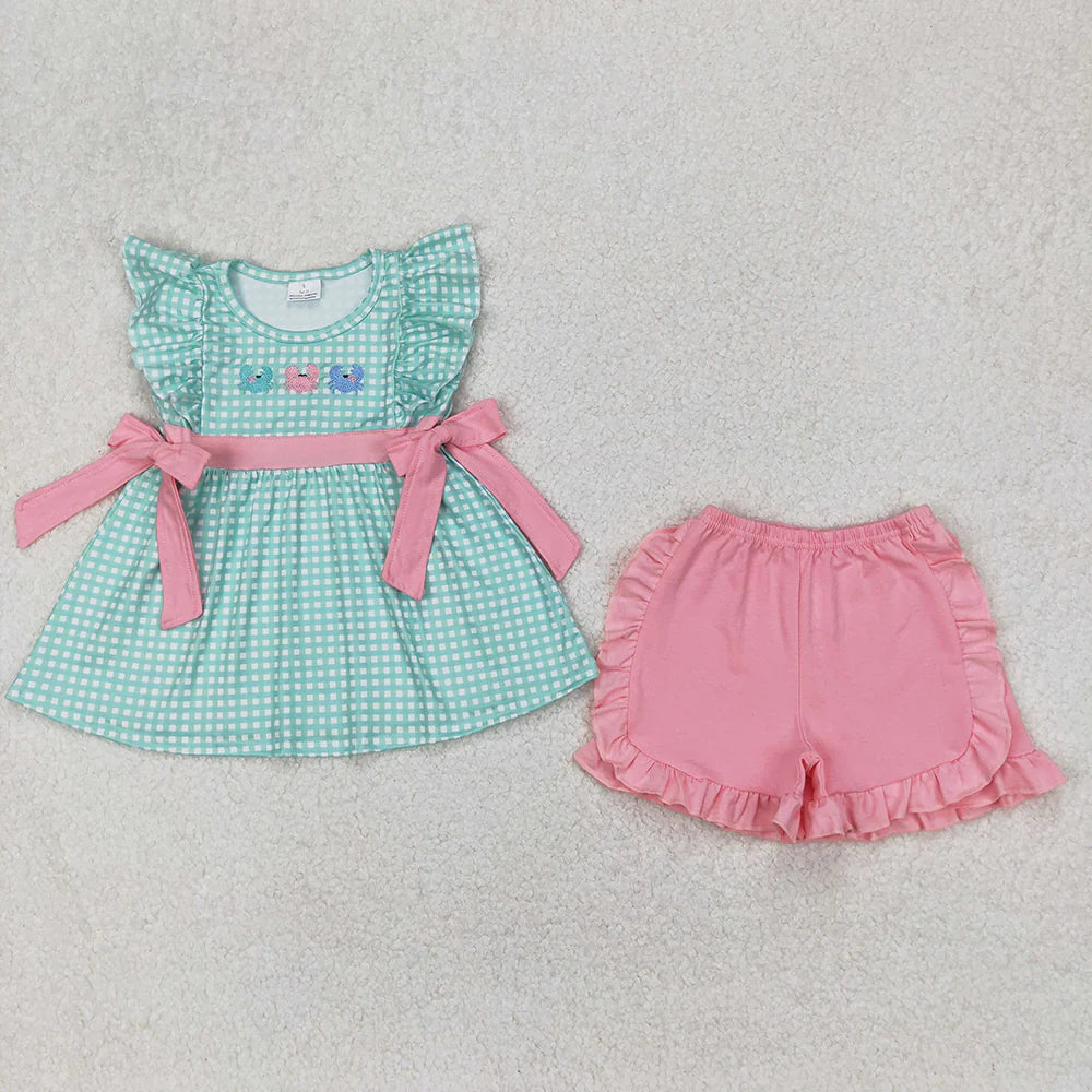 Sibling Embroidery Baby Girls Crabs Bows Rompers Outfits Sets